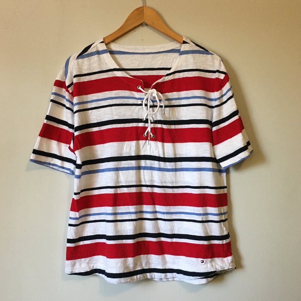 Tommy Hilfiger Nautical Striped Tie Up Collar Half Sleeve Tee L